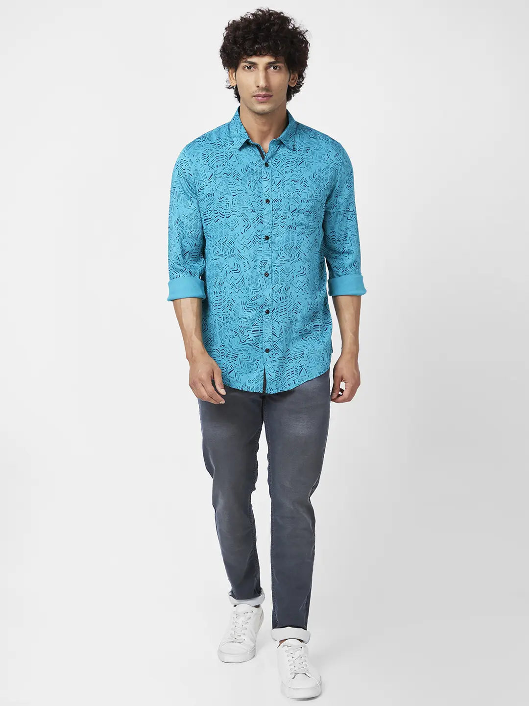 Spykar Men Teal Green Viscose Regular Slim Fit Full Sleeve Causal Printed Shirt