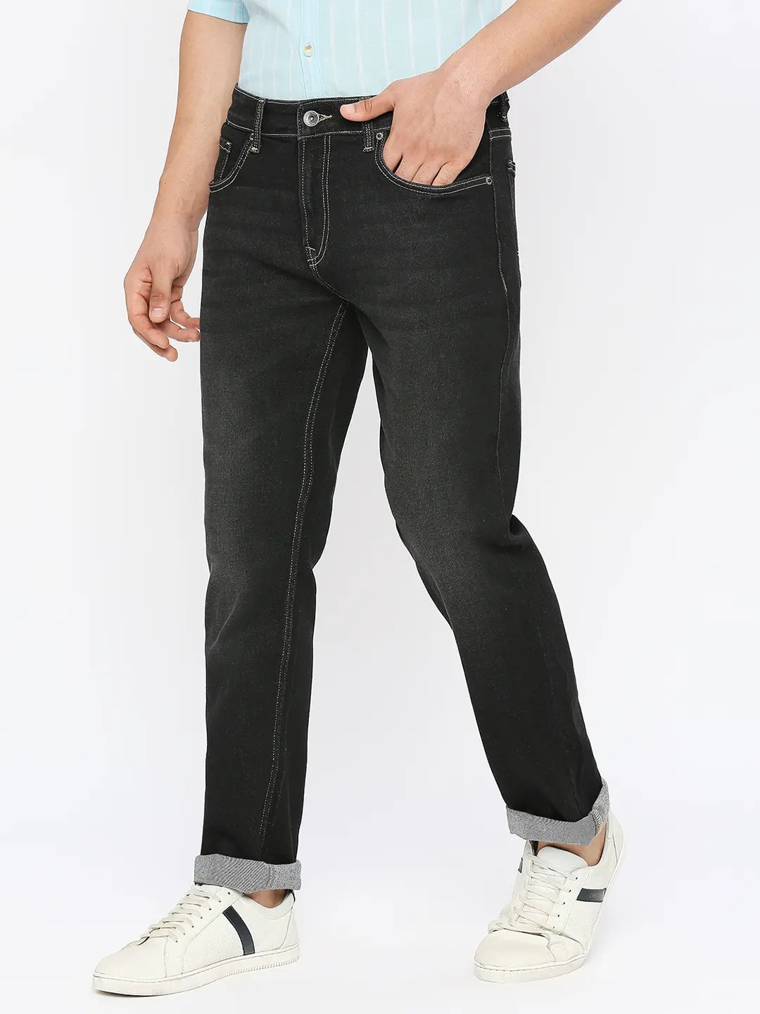 Spykar Men Carbon Black Cotton Stretch Comfort Fit Straigth Length Clean Look Mid Rise Jeans-(Ricardo)