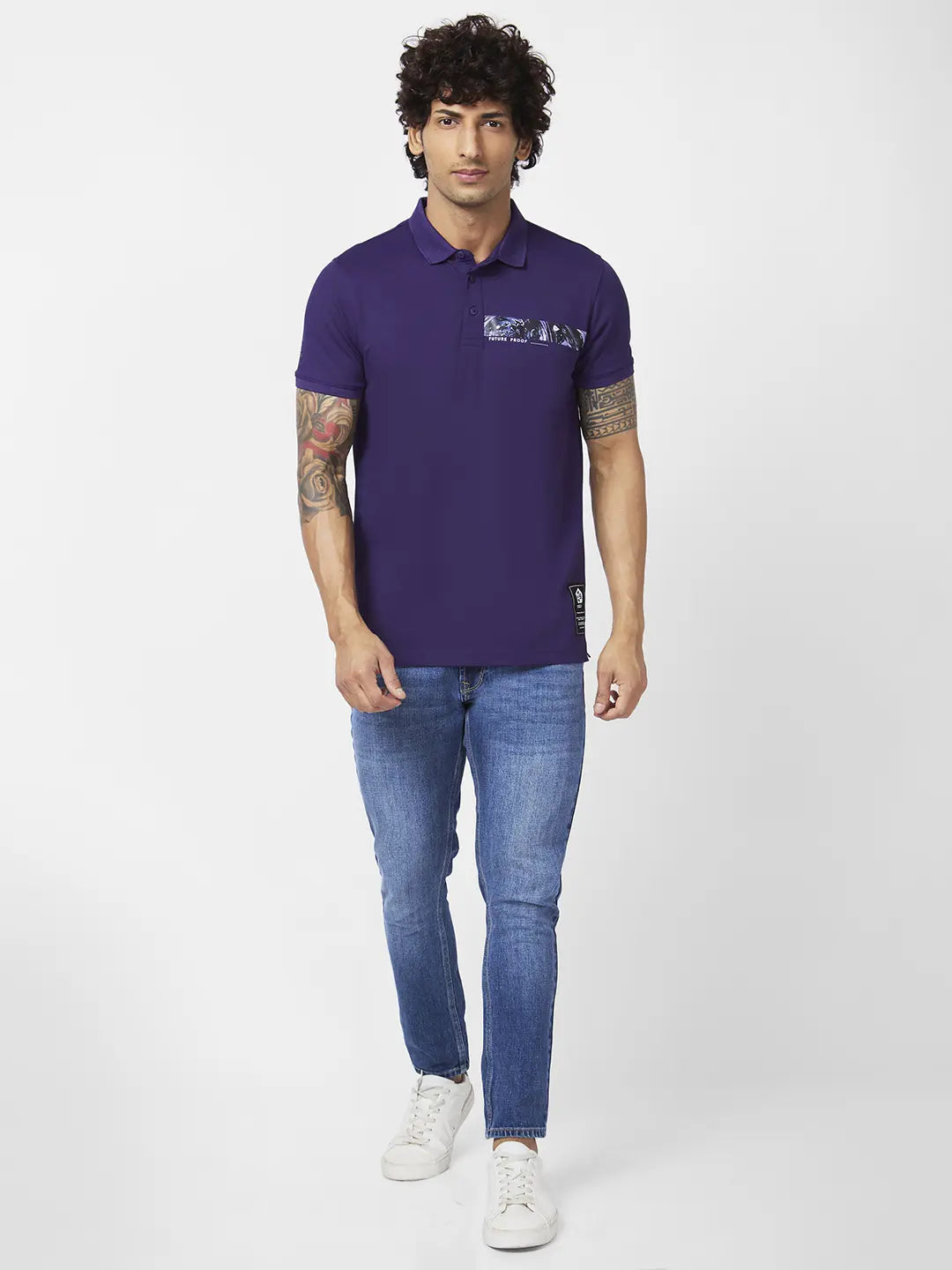 Spykar Men Deep Purple Blended Slim Fit Half Sleeve Polo Neck Plain Tshirt