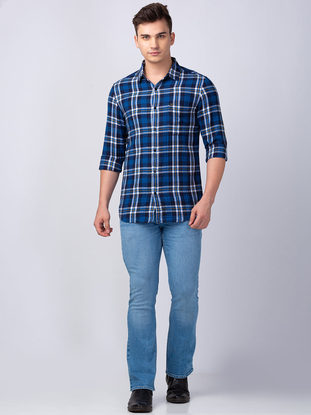 Spykar Men Navy Blue Cotton Slim Fit Checkered Shirt