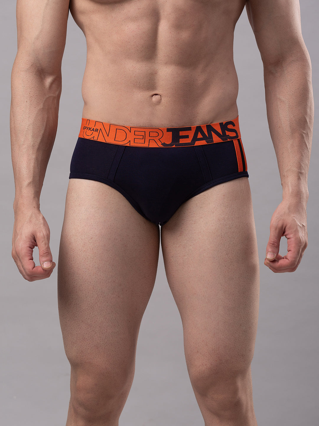 Men Cotton Blend Navy-Orange Brief- Underjeans By Spykar