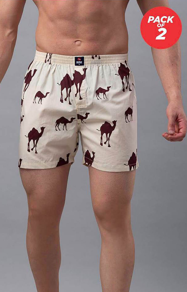 Beige Cotton Boxers For Men - (Pack Of 2)- Underjeans By Spykar
