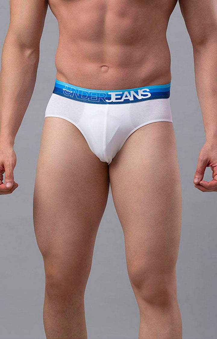 White-Blue Cotton Blend Brief For Men - Underjeans By Spykar
