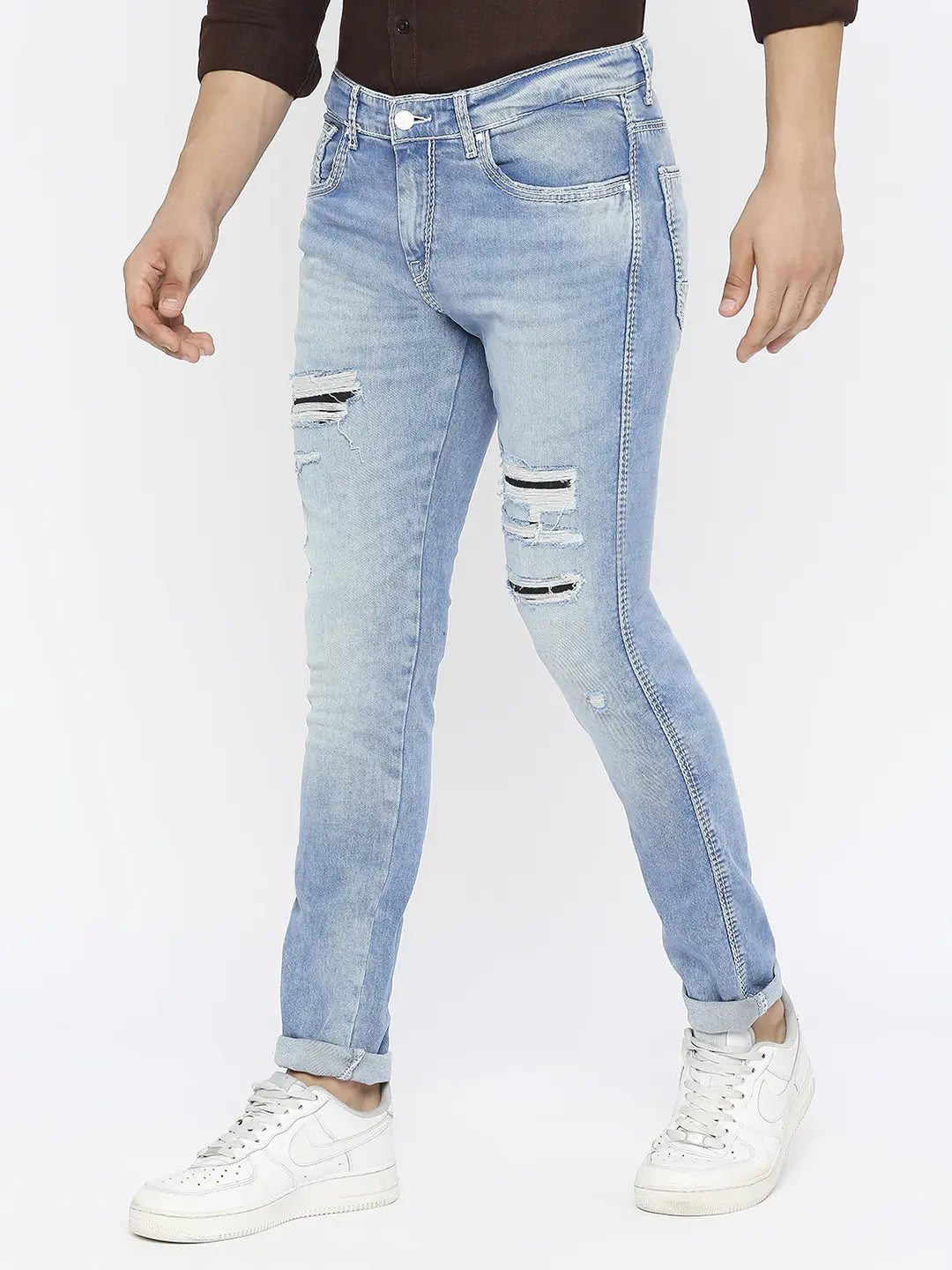 Spykar Men Light Blue Cotton Slim Fit Narrow Length Highly Distressed Low Rise Jeans-(Skinny)