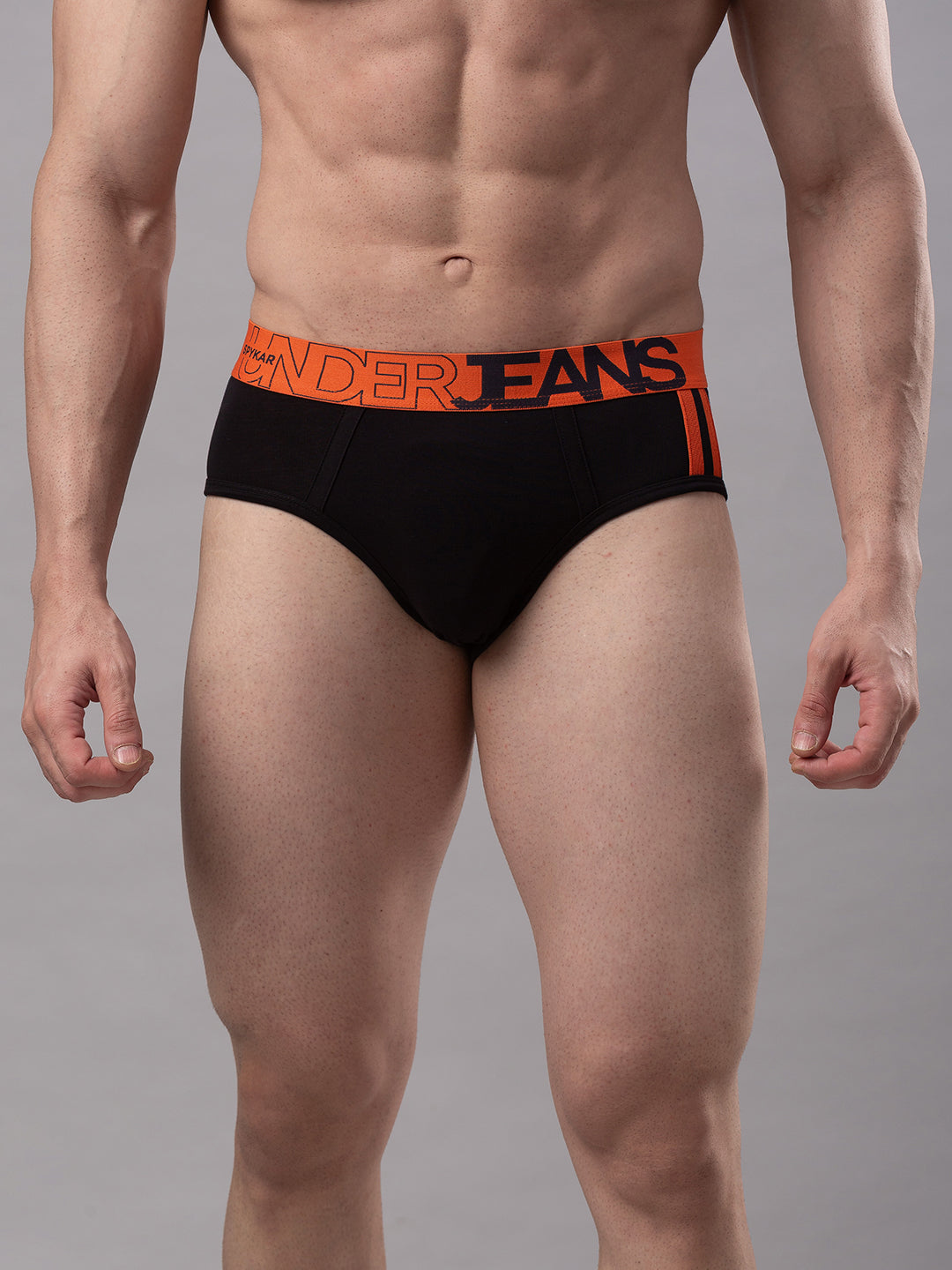 Men Cotton Blend Black-Orange Brief- Underjeans By Spykar