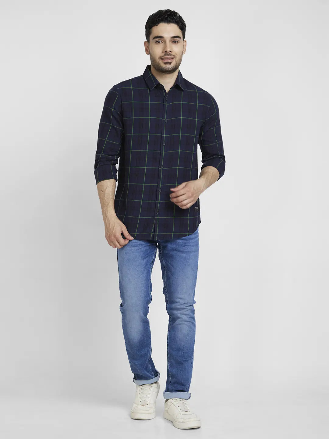 Spykar Men Midnight Blue Cotton Regular Slim Fit Full Sleeve Checkered Shirt