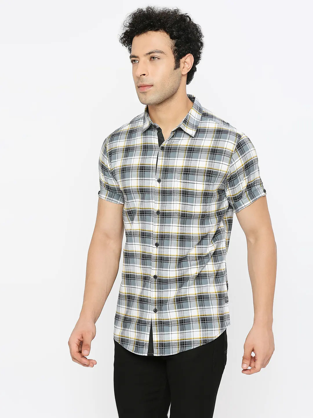 Spykar Men Grey Slub Slim Fit Half Sleeve Checkered Shirt