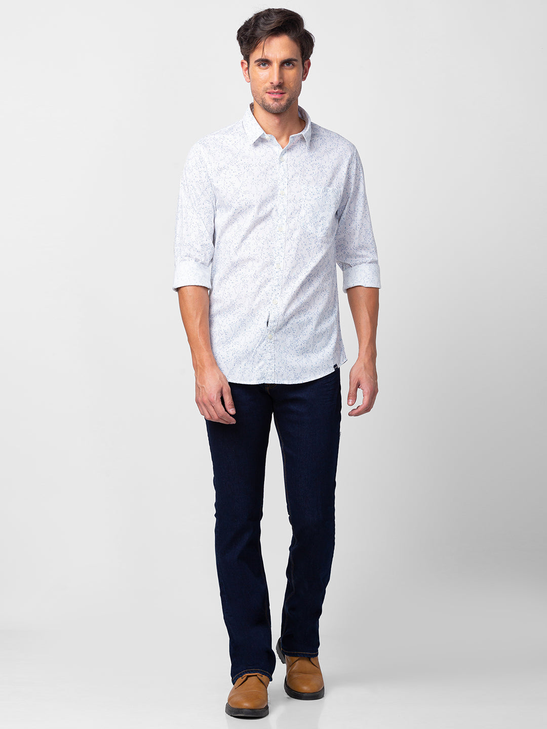 Spykar Men White Cotton Slim Fit Printed Shirt