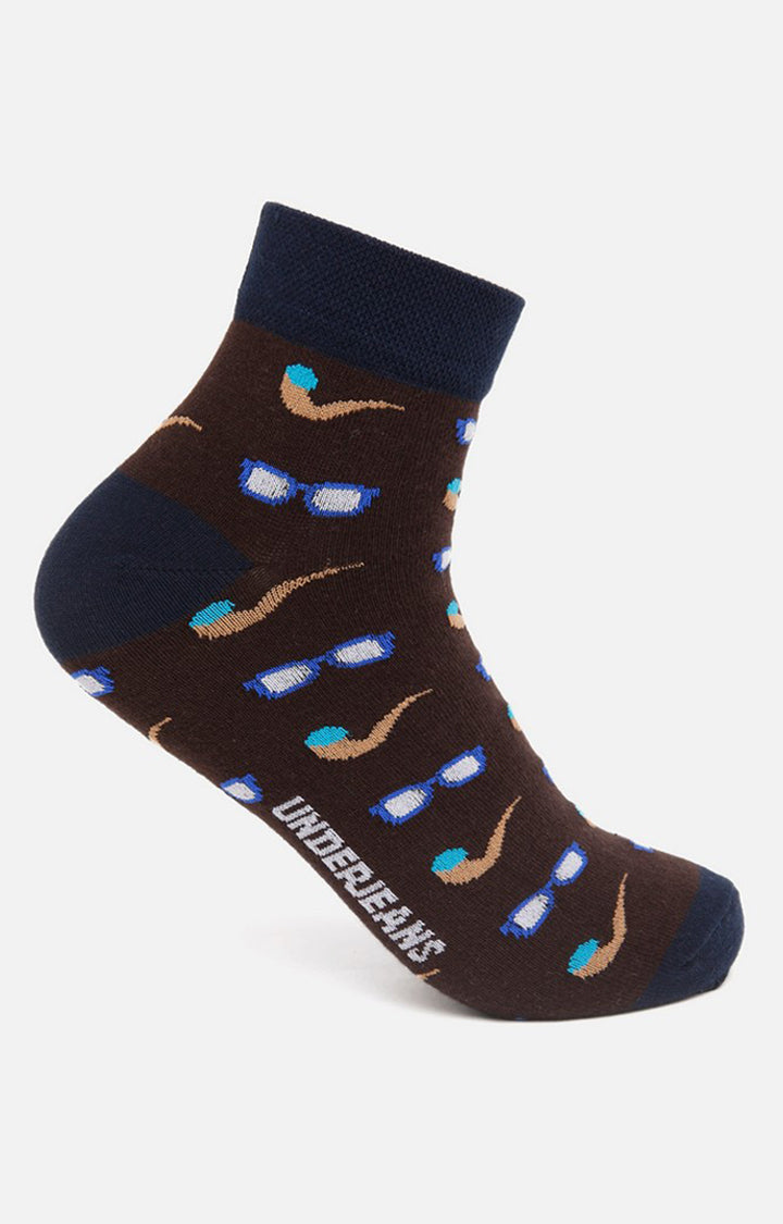 Men Brown Grey Turq Ankle Length (Non Terry) (Pack Of 3) Socks- Underjeans By Spykar