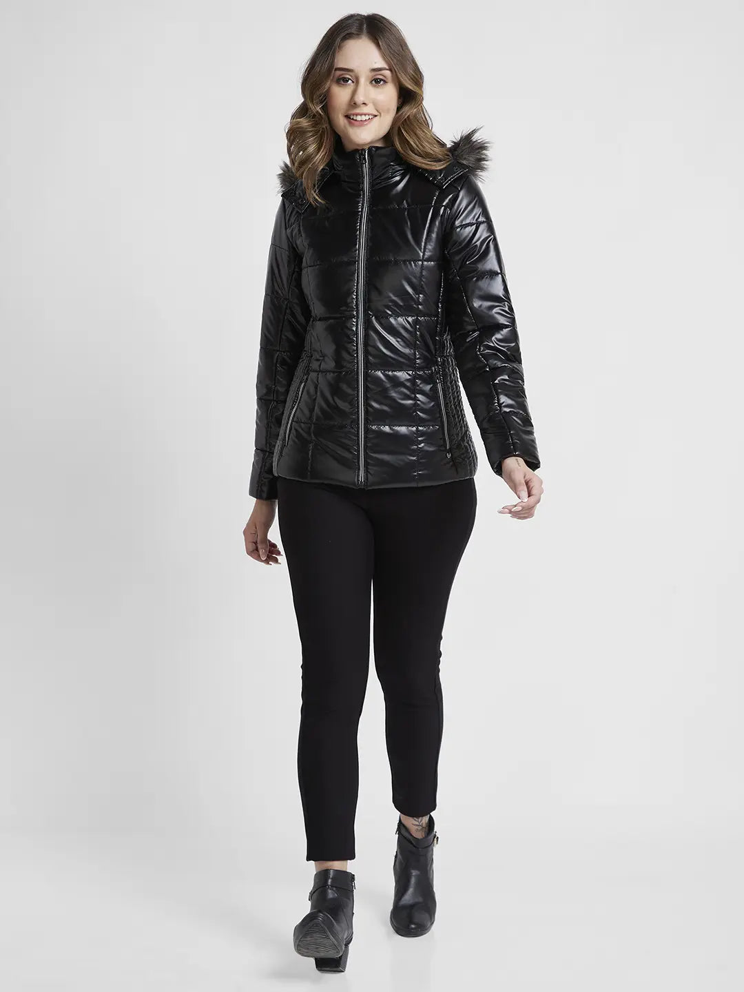 Spykar Women Black Regular Fit High Neck Plain Jacket