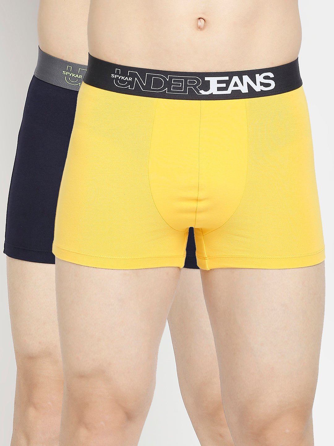 Men Yellow & Navy Blue Cotton Blend Trunk - Pack Of 2- Underjeans By Spykar