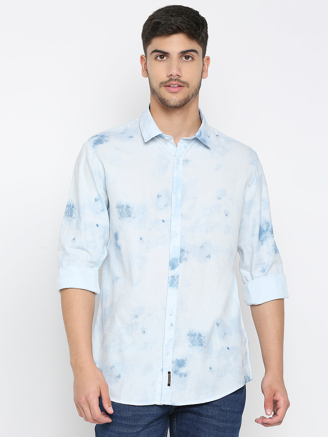 Spykar Blue Cotton Full Sleeve Printed Shirt For Men