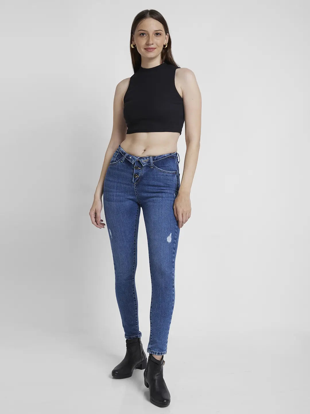 Spykar Women Mid Blue Lycra Super Skinny Fit Ankle Length Clean Look Jeans -(Alexa)