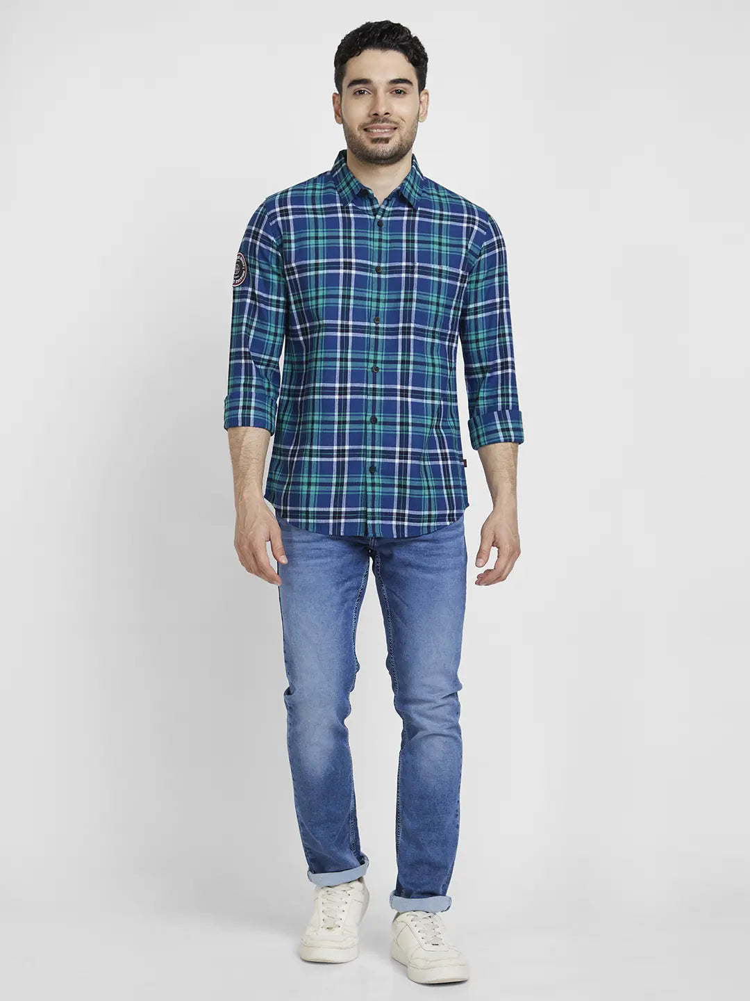 Spykar Men Teal Green Cotton Regular Slim Fit Full Sleeve Checkered Shirt