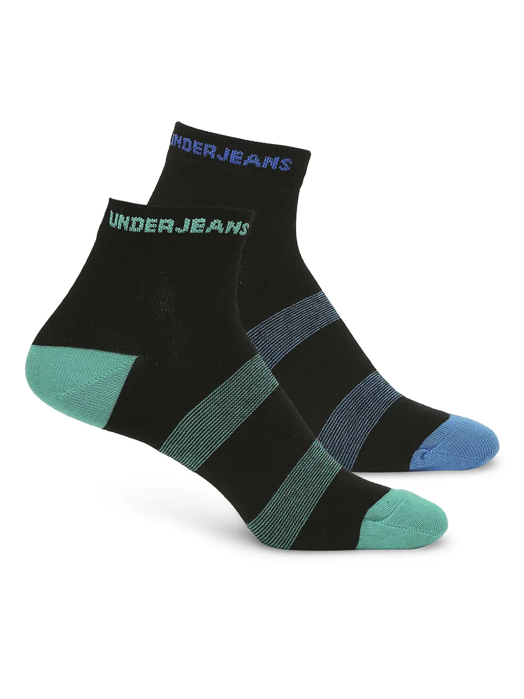 Men Black Royal Blue & Sea Green Ankle Length Socks - Pack Of 2- Underjeans By Spykar