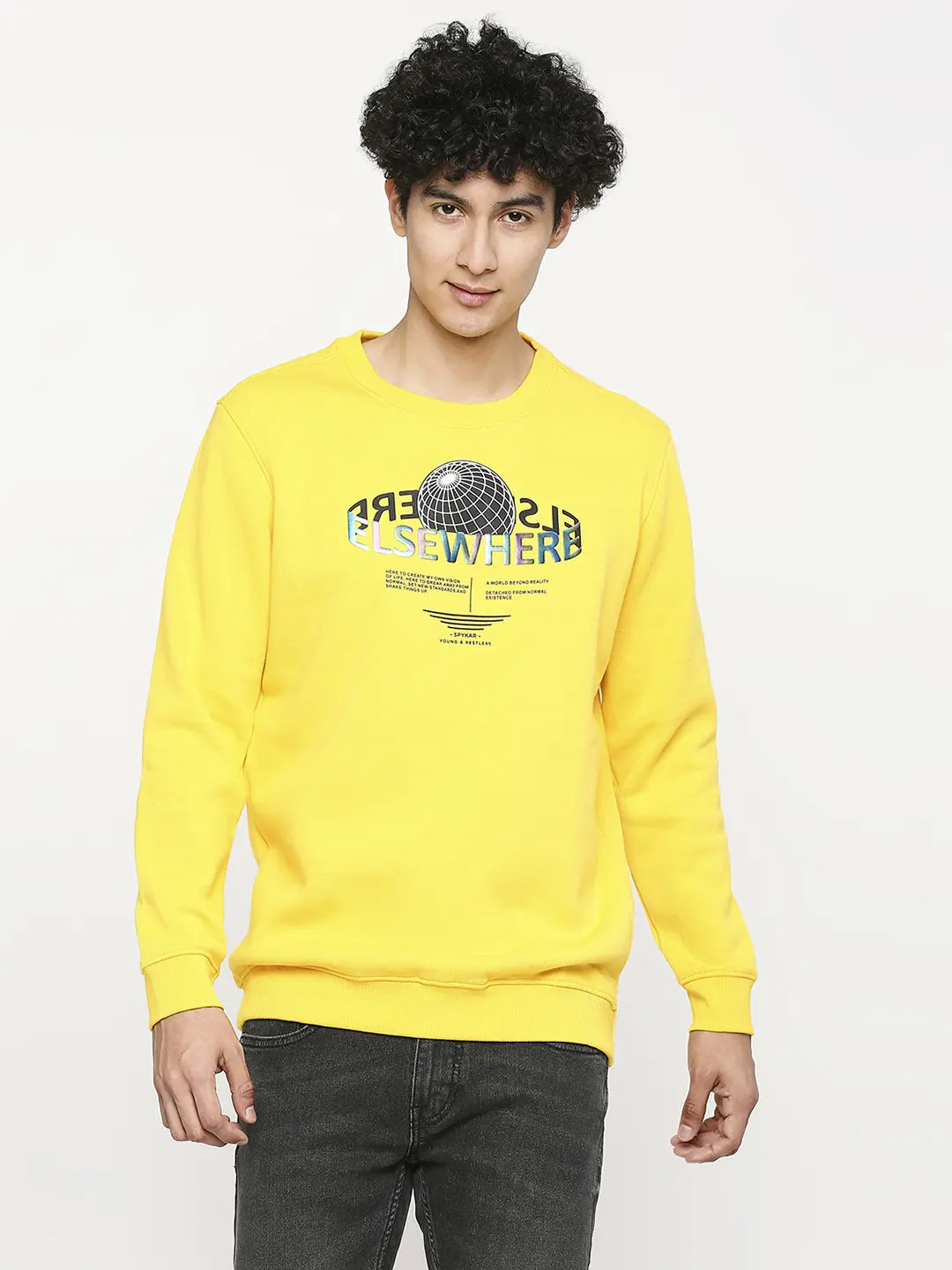 Spykar Chrome Yellow Cotton Full Sleeve Round Neck Sweatshirt For Men