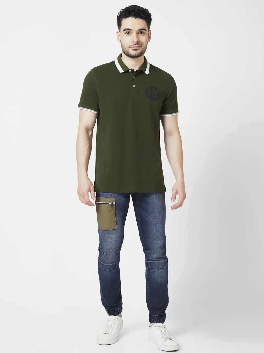 Spykar Men Rifle Green Cotton Slim Fit Half Sleeve Polo Neck Plain Tshirt