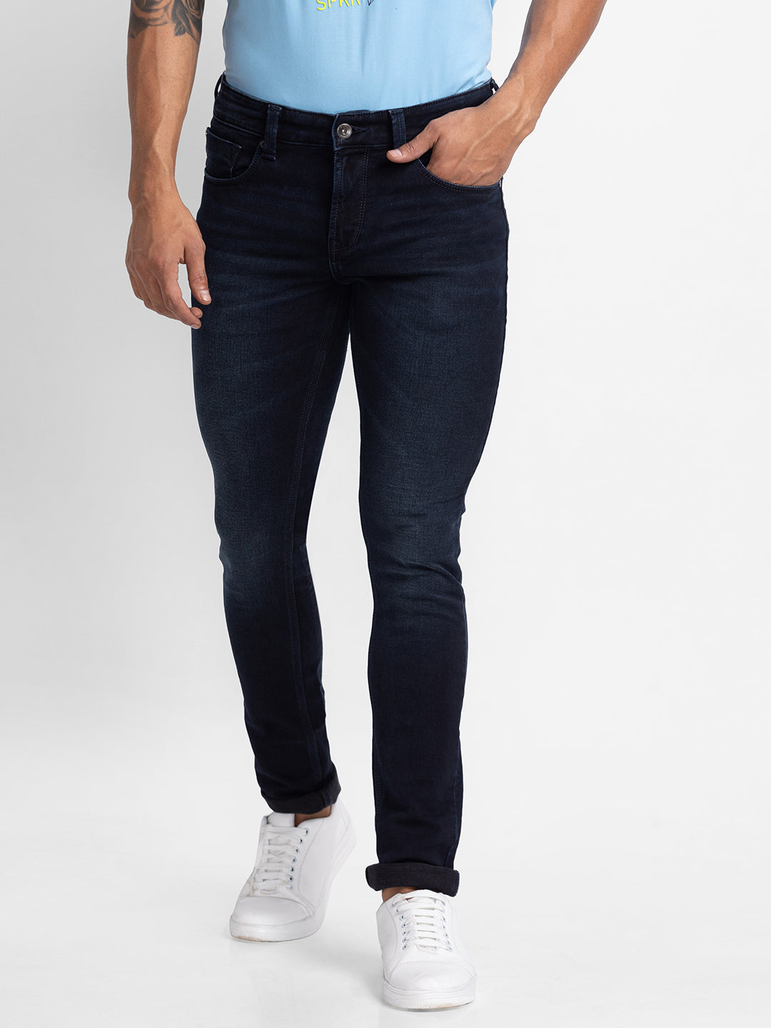 Spykar Blue Indigo Cotton Slim Fit Narrow Length Jeans For Men (Skinny)