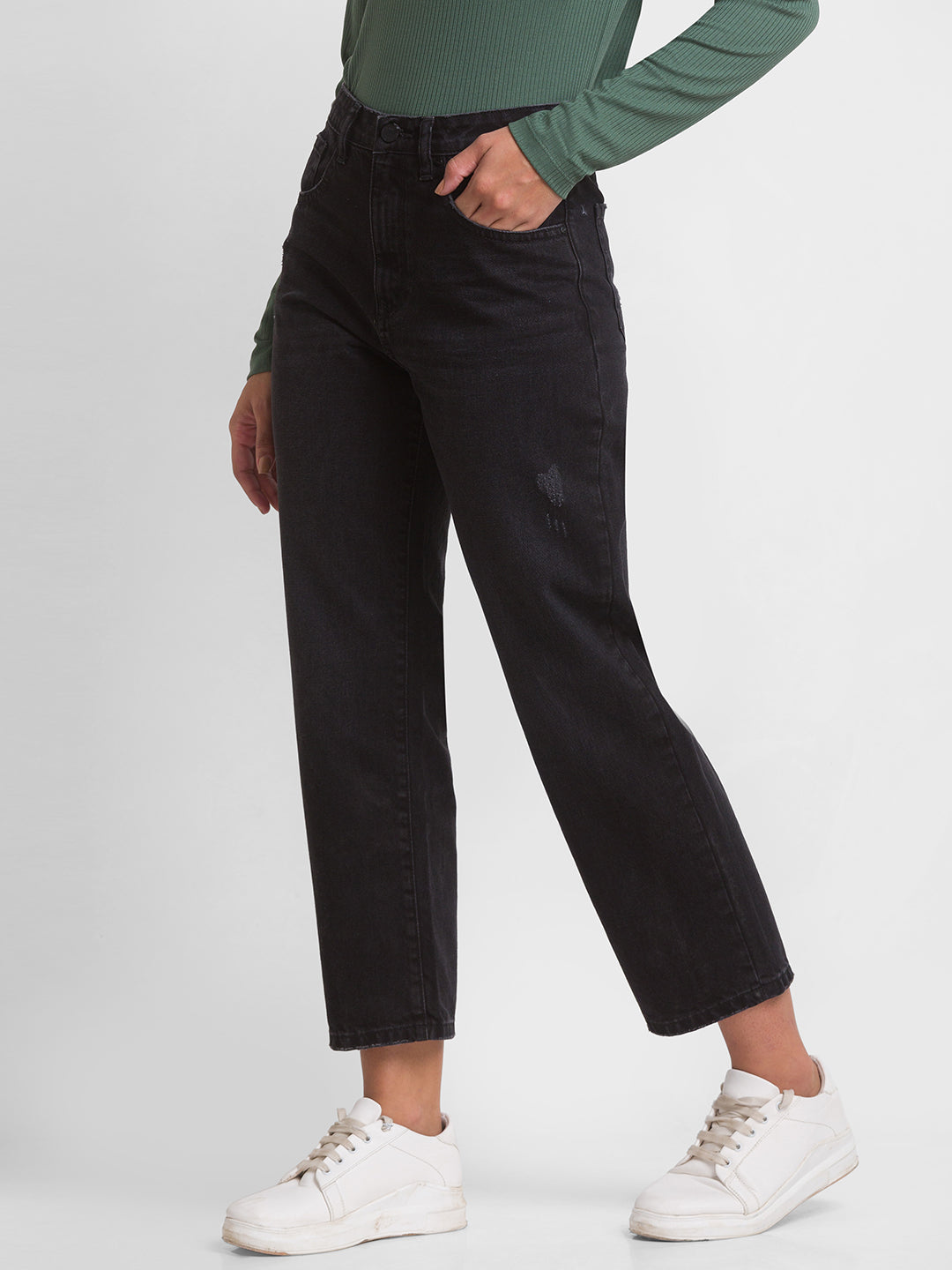 Spykar Black Cotton Straight Fit Regular Length Jeans For Women