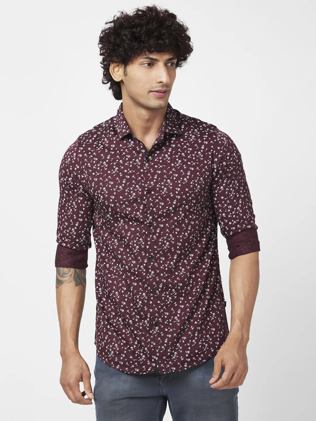 Spykar Men Deep Wine Red Satin Slim Fit Full Sleeve Causal Printed Shirt