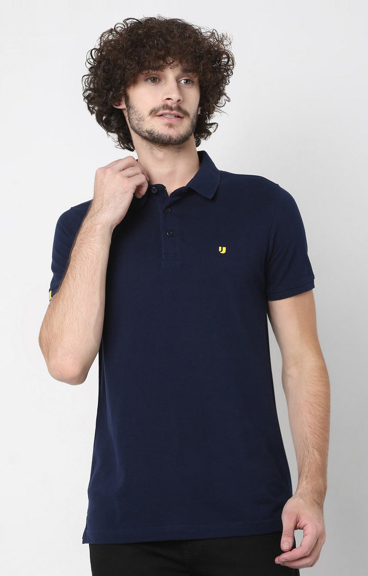 Men Inkblue Cotton Regular Fit Polo T-Shirt - Underjeans By Spykar