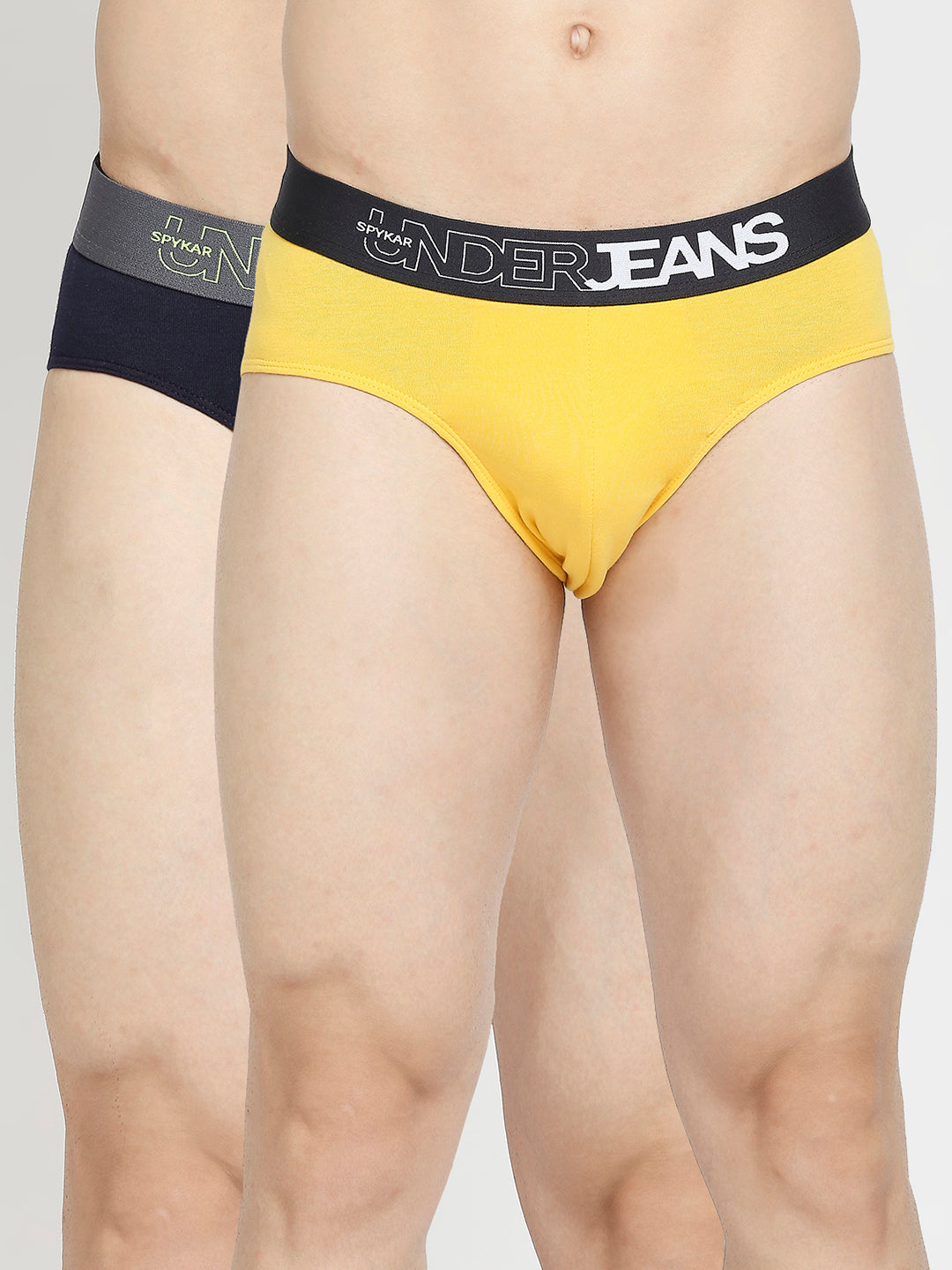 Men Yellow & Navy Blue Cotton Blend Brief - Pack Of 2- Underjeans By Spykar