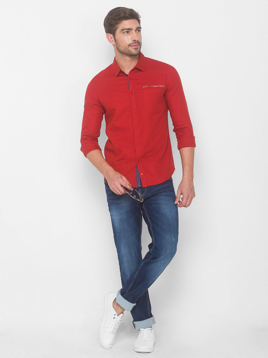 Buy Spykar Men Brickred Cotton Casual Slim Fit Shirt Online