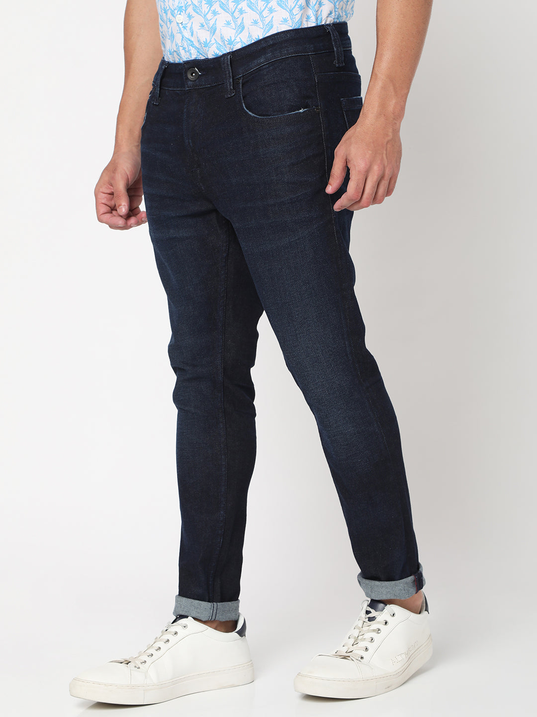 Spykar Dark Blue Cotton Slim Fit Tapered Length Jeans For Men (Kano)