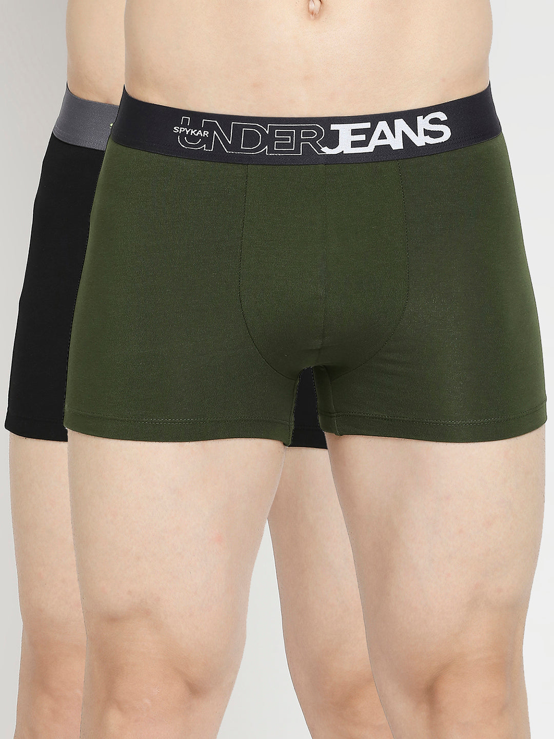 Men Olive & Black Cotton Blend Trunk - Pack Of 2- Underjeans By Spykar