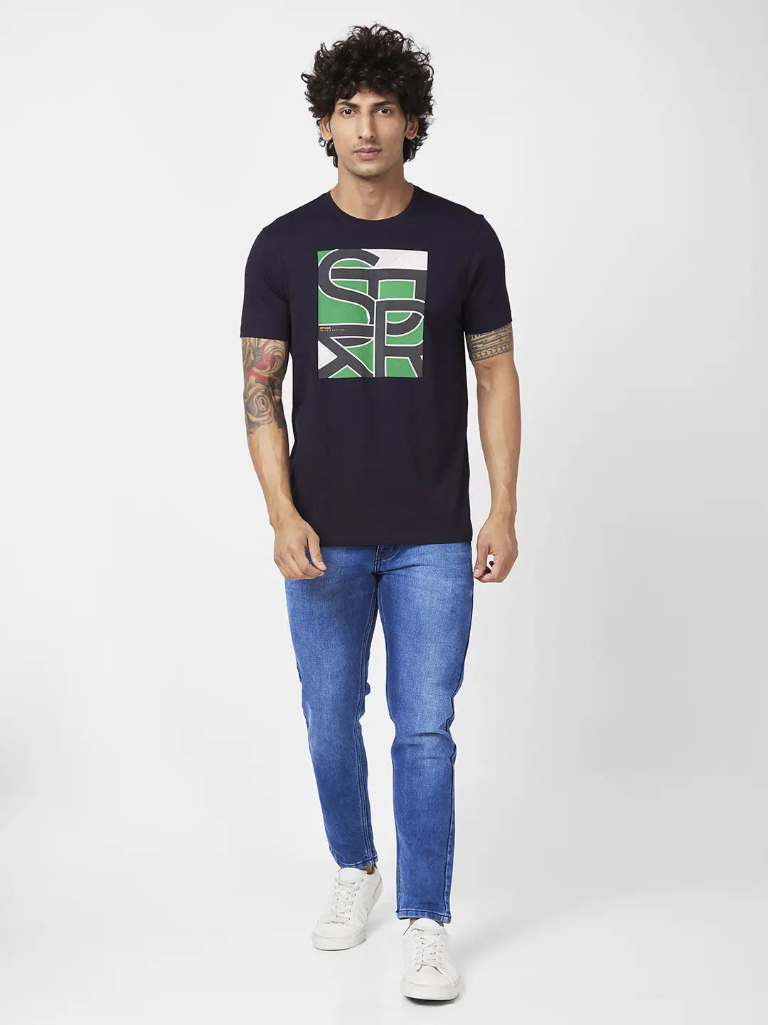 Spykar Men Navy Blue Blended Slim Fit Half Sleeve Round Neck Casual Printed Tshirt