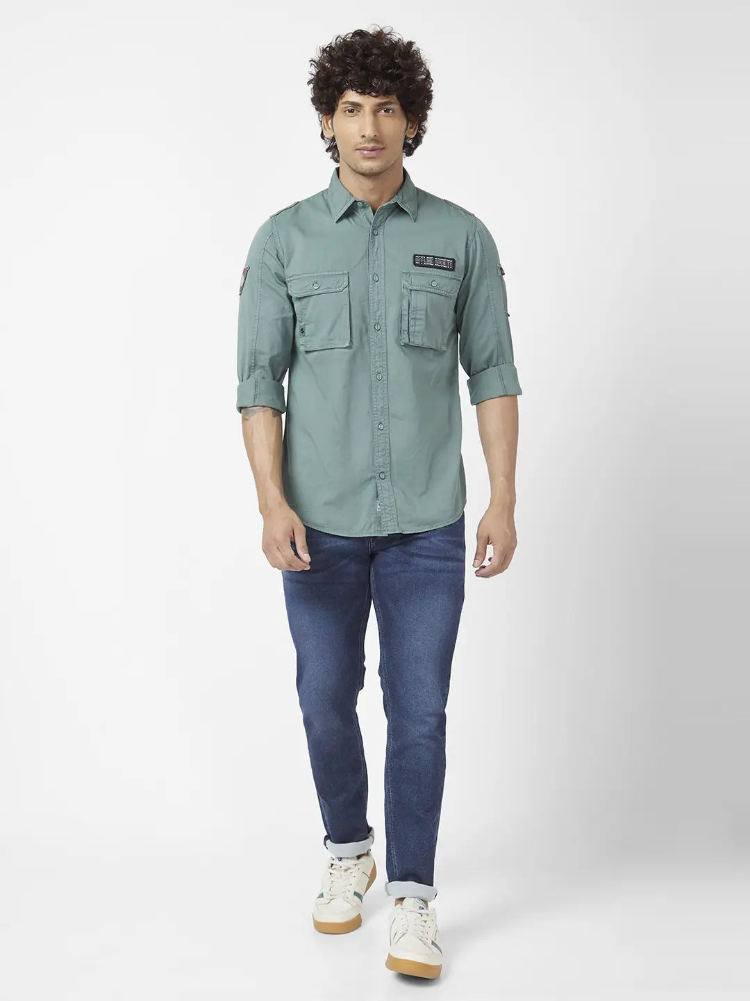 Spykar Men Military Green Twill Regular Slim Fit Full Sleeve Denim Shirt