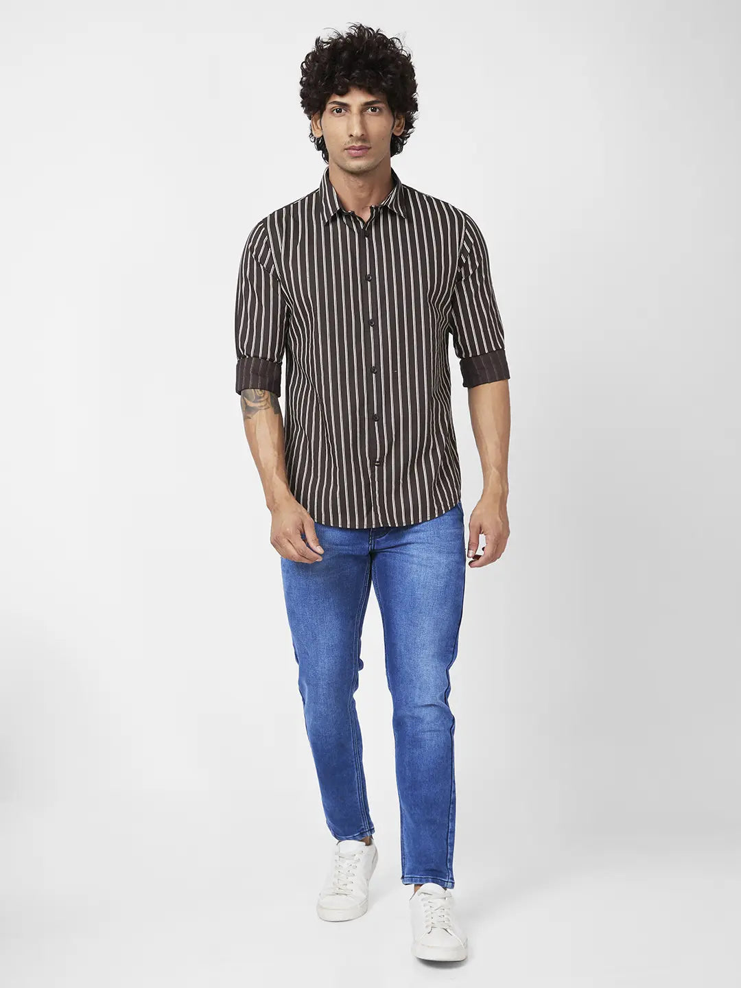 Spykar Men Apple Red Cotton Regular Slim Fit Full Sleeve Casual Striped Shirt