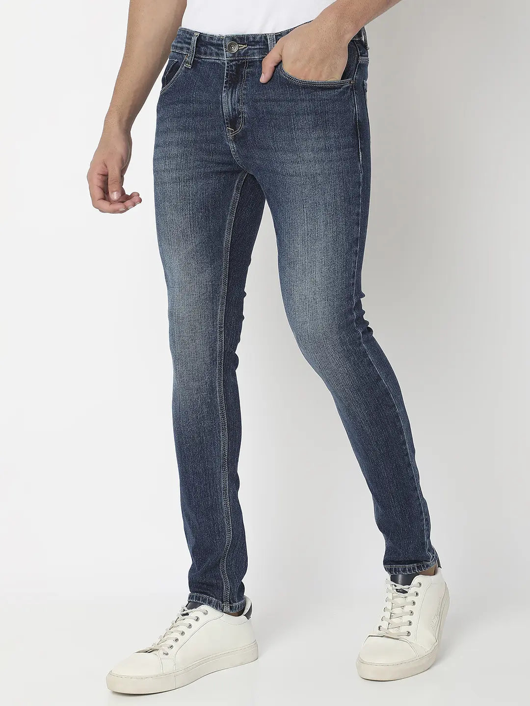 Spykar Men Mid Blue Cotton Stretch Super Slim Fit Tapered Length Clean Look Low Rise Jeans - (Super Skinny)