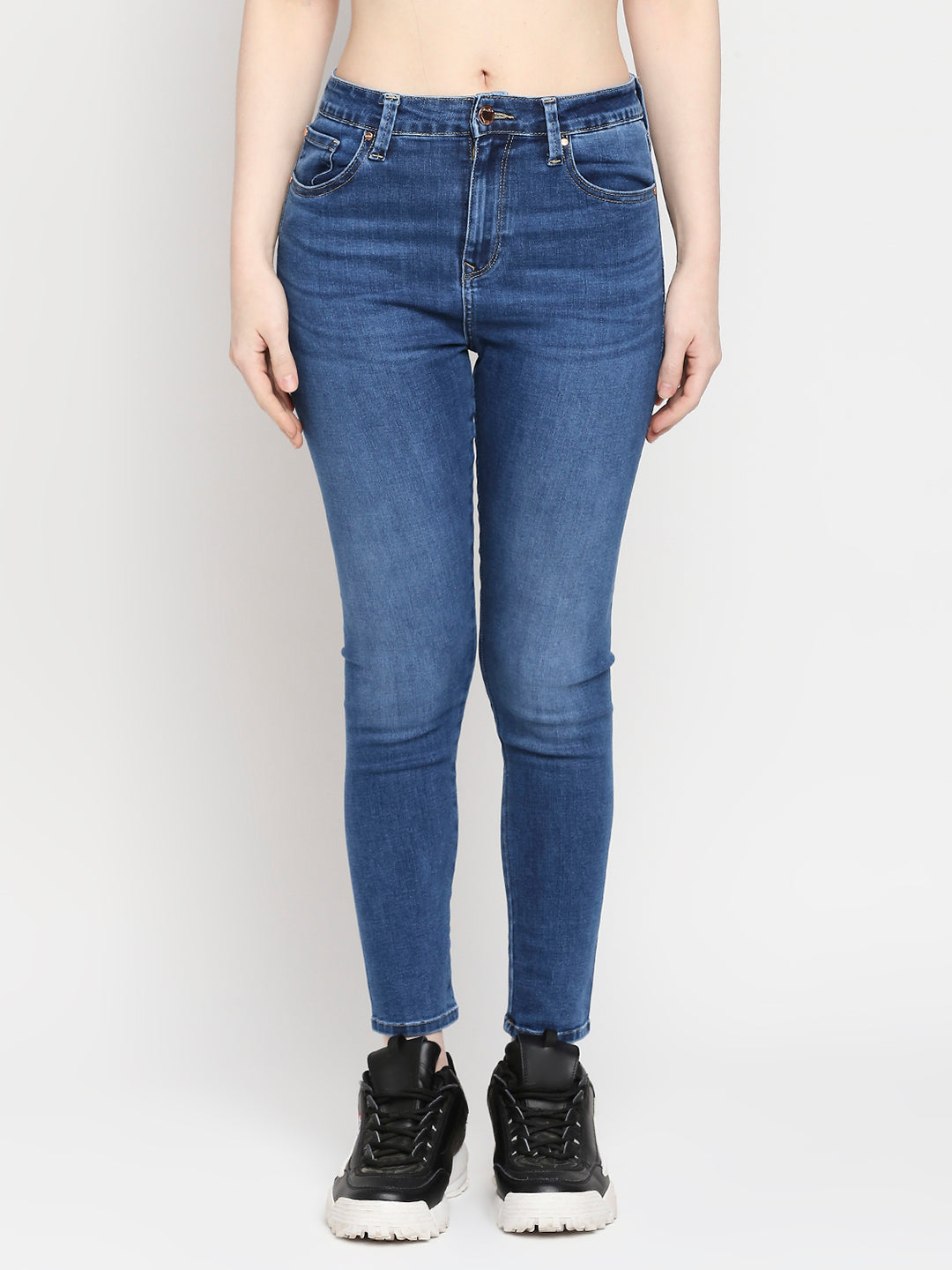 Spykar Mid Blue Cotton Super Skinny Ankle Length Jeans For Women (Alexa)