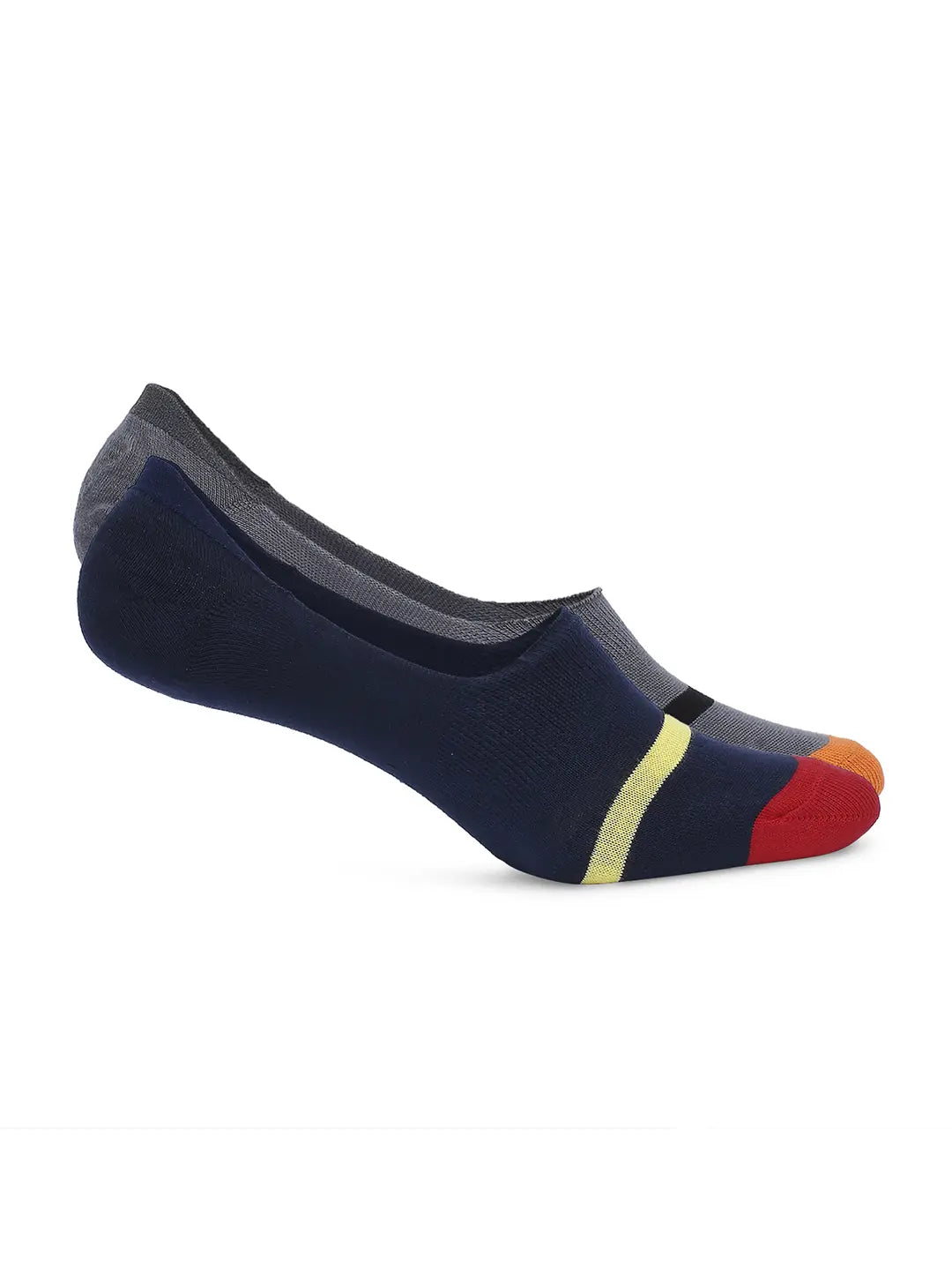 Men Navy & Dark Grey Cotton Blend No Show Socks - Pack Of 2 - Underjeans By Spykar