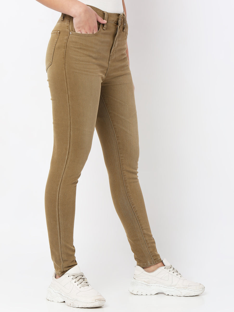 Spykar Women Light Khaki Cotton Super Skinny Ankle Length Jeans