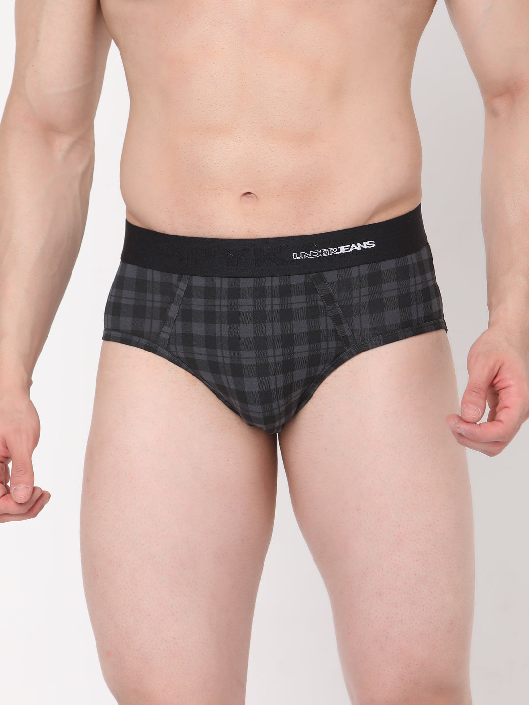 Men Cotton Blend Black-Check Brief- Underjeans By Spykar