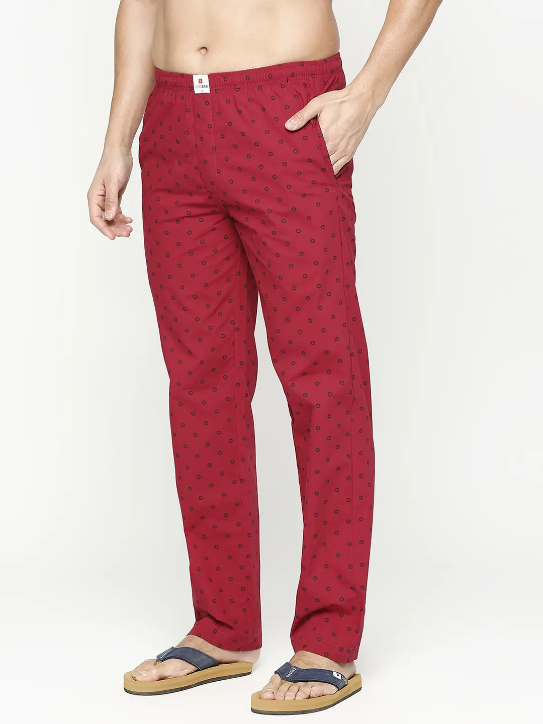 Men Cotton Printed Maroon Pyjama- Underjeans By Spykar