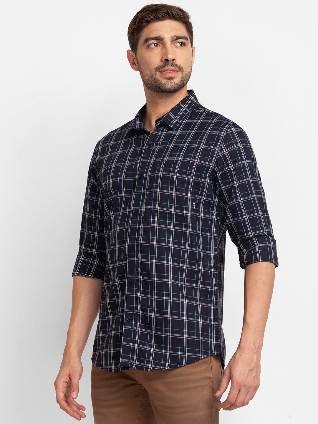 Spykar Navy Blue Cotton Full Sleeve Checks Shirt For Men
