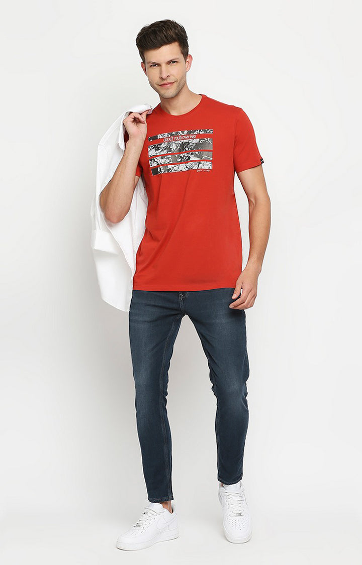 Spykar Men Orange Cotton Slim Fit Round Neck T-Shirt