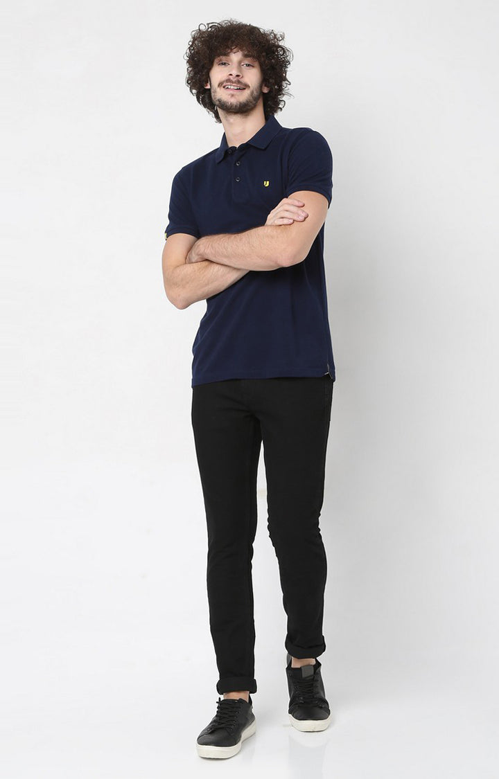 Men Inkblue Cotton Regular Fit Polo T-Shirt - Underjeans By Spykar