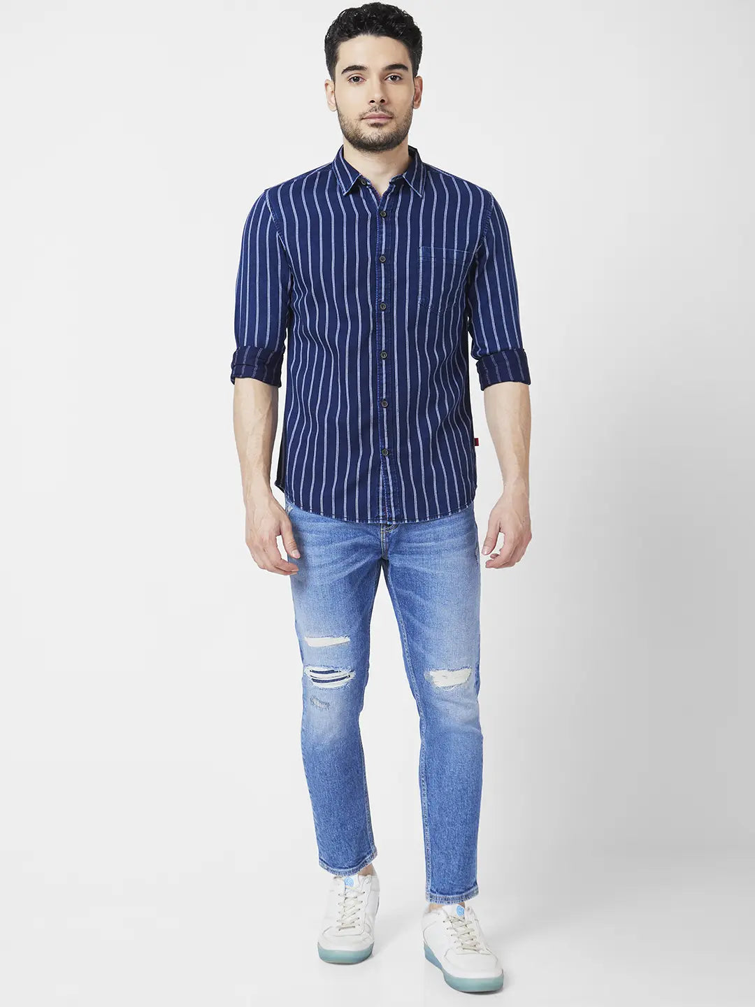 Spykar Men Mid Blue Cotton Slim Fit Tapered Length Mild Distressed Mid Rise Jeans (Kano)