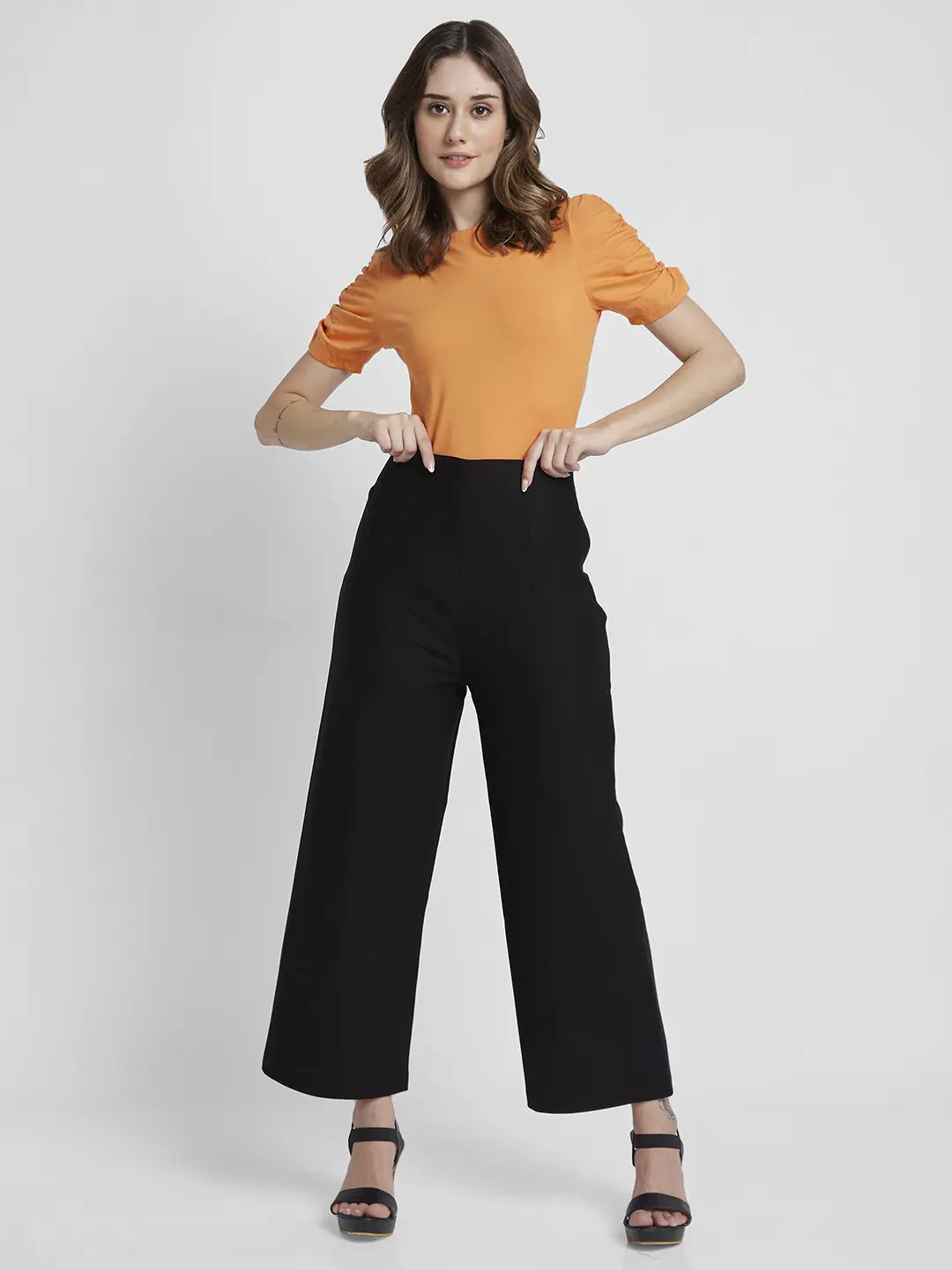 Spykar Women Apricot Crush Blended Slim Fit Half Sleeve Boat Neck Plain Crop Tshirt