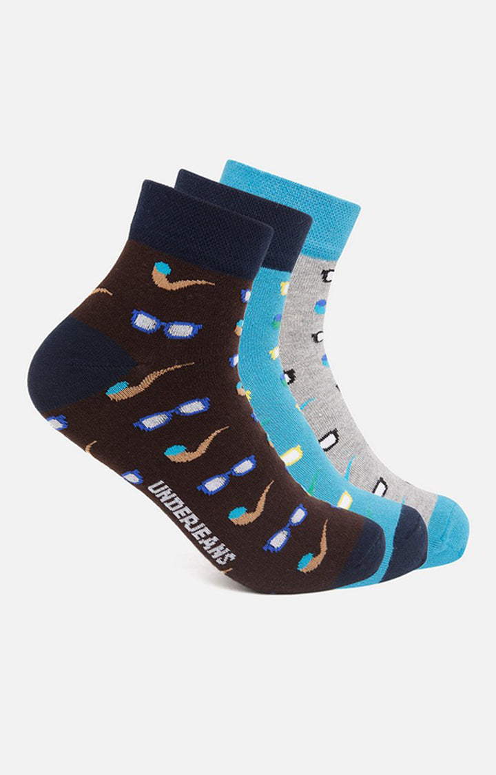 Men Brown Grey Turq Ankle Length (Non Terry) (Pack Of 3) Socks- Underjeans By Spykar