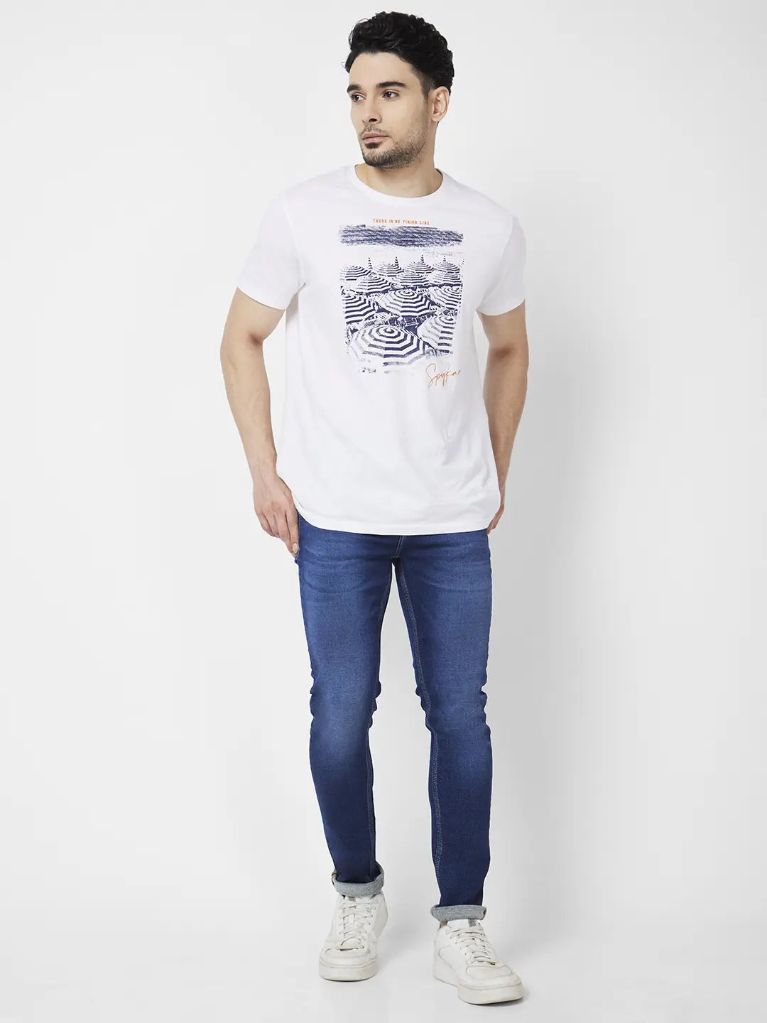 Spykar Men Mid Blue Cotton Stretch Slim Fit Narrow Length Clean Look Low Rise Jeans (Skinny)