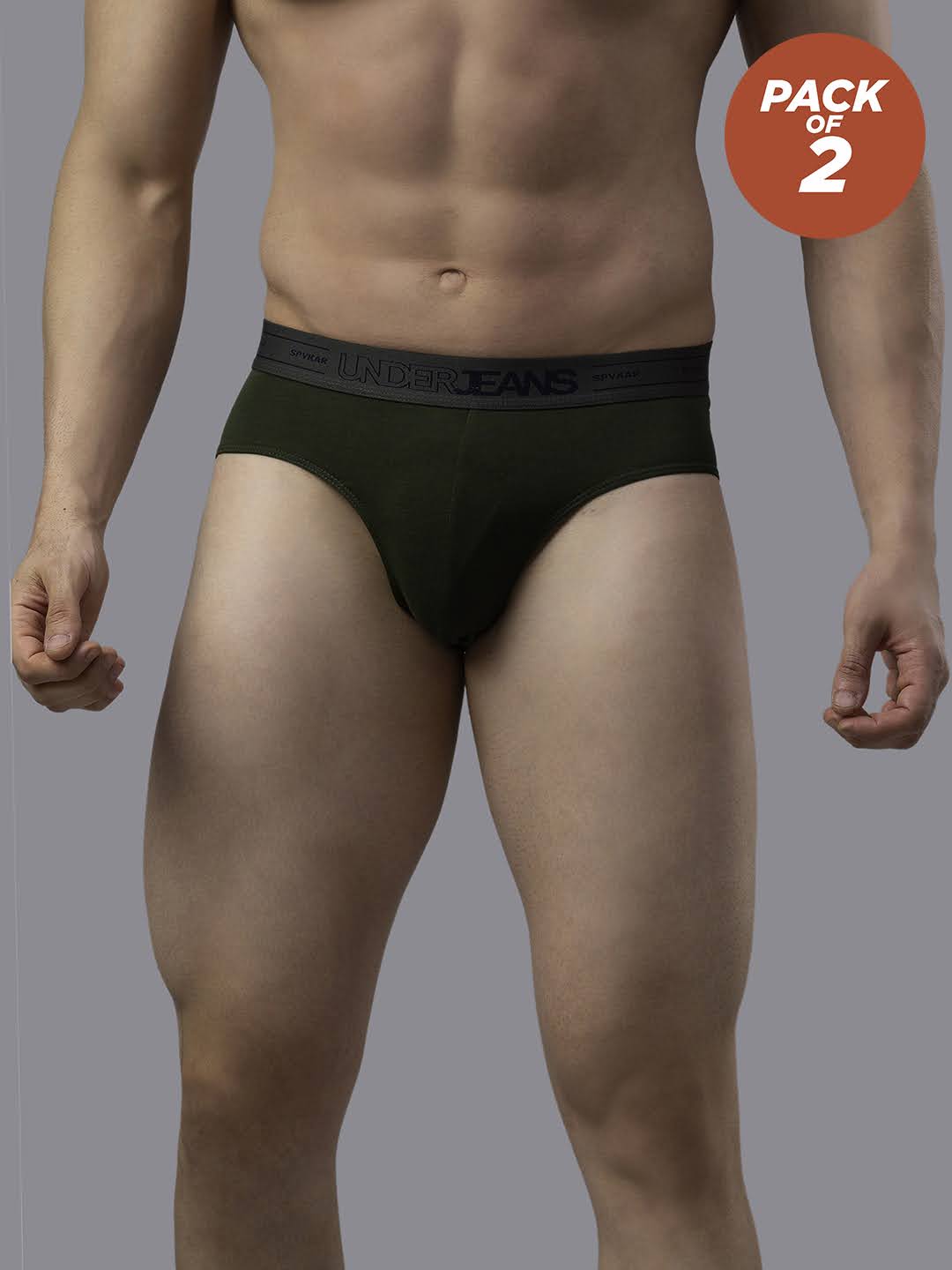 Men Cotton Blend Olive Brief - (Pack Of 2)- Underjeans By Spykar