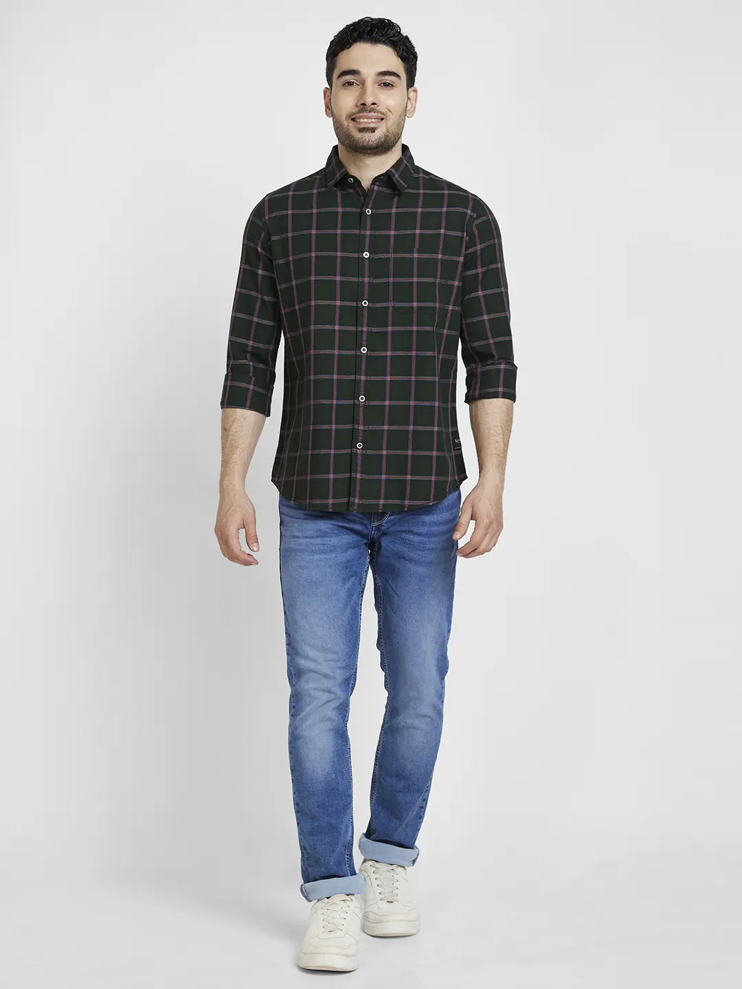 Spykar Men Rifle Green Cotton Regular Slim Fit Full Sleeve Checkered Shirt