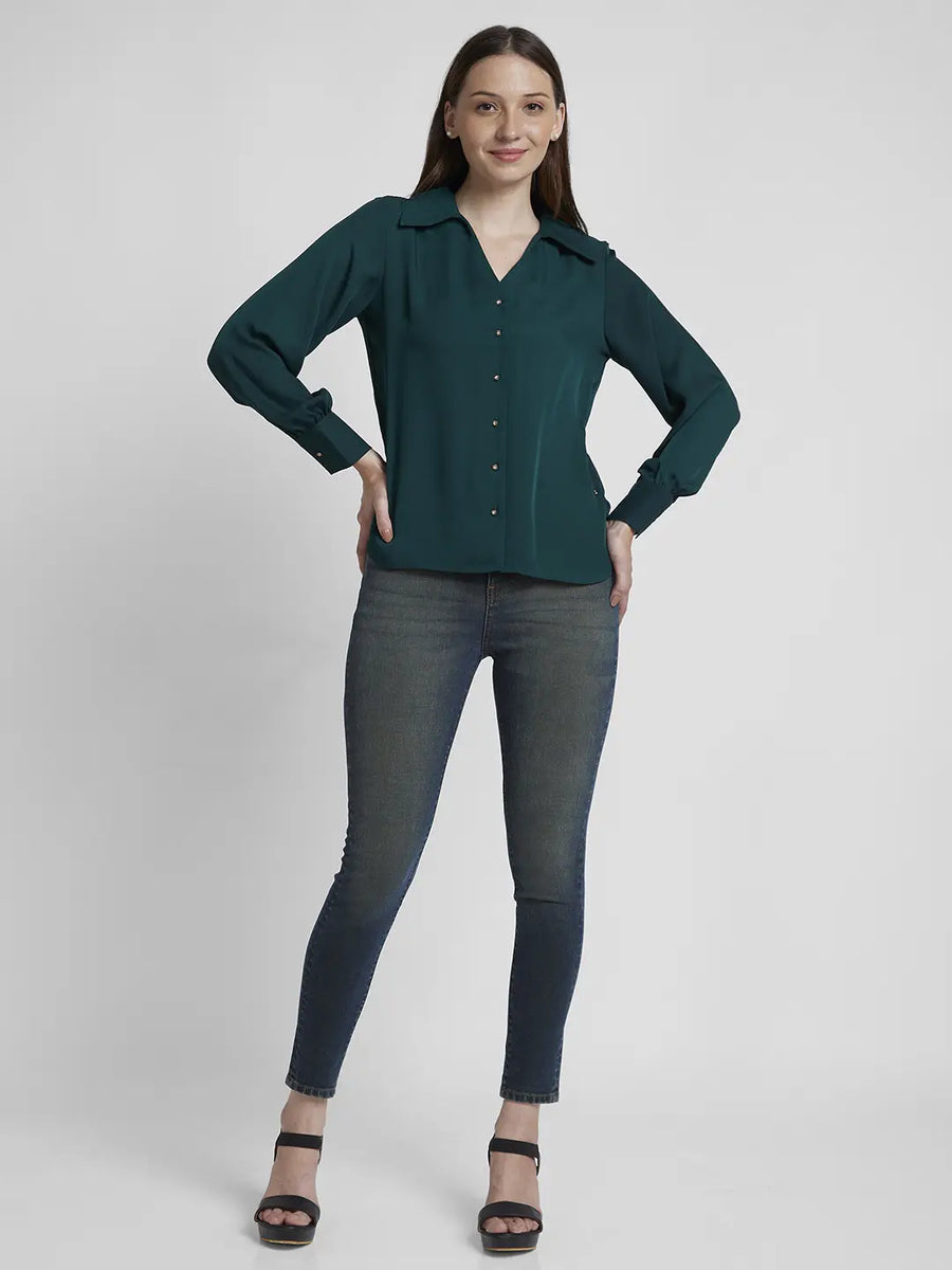 Buy Online Spykar Women Dark Green Polyester Regular Fit Full Sleeve Plain Shirt