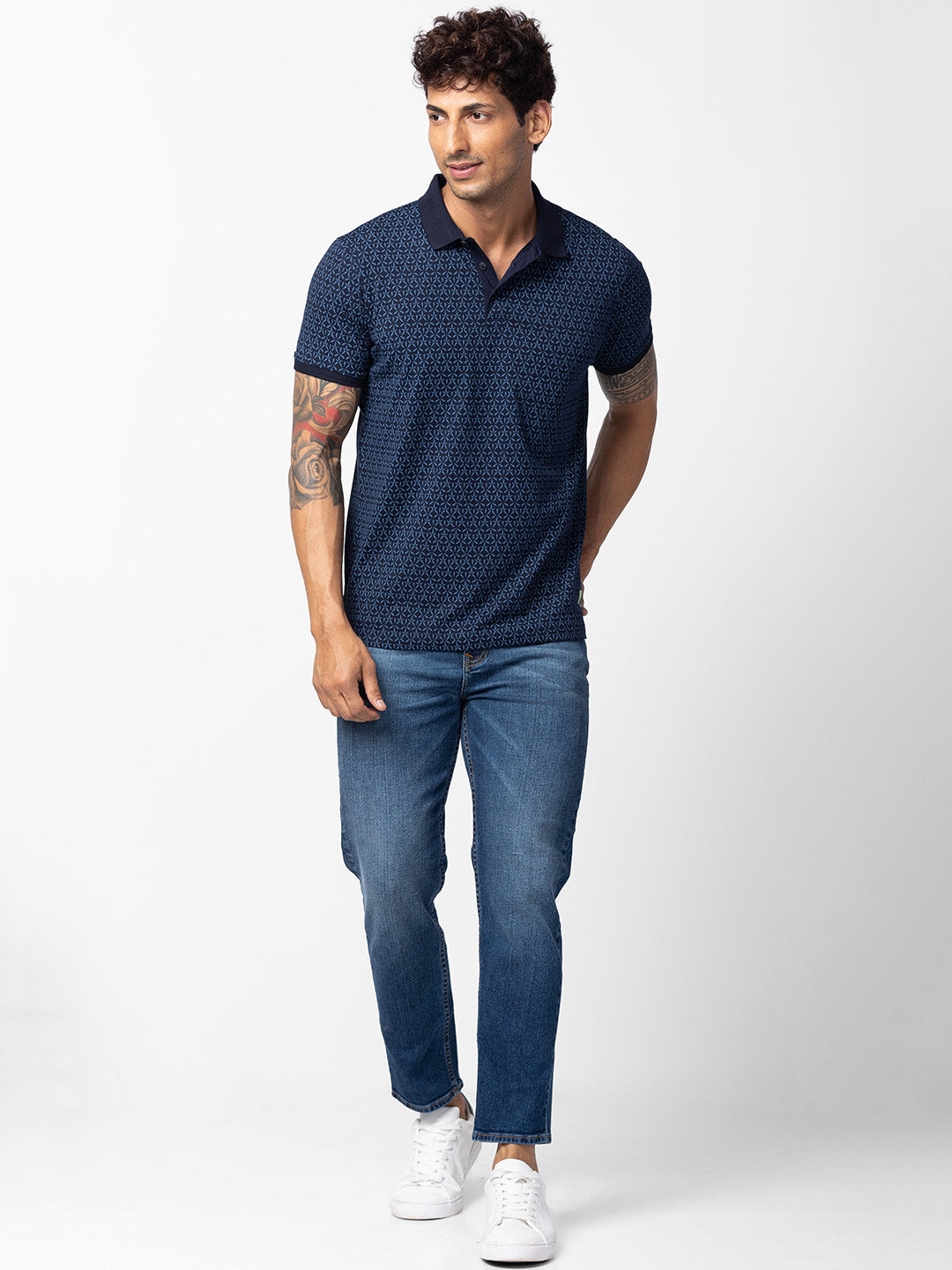 Spykar Men Navy Blue Cotton Regular Fit Half Sleeve Printed Polo T-Shirt