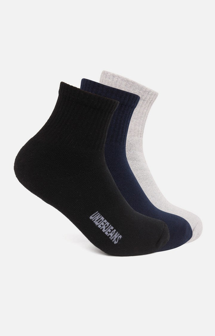 Men Black Navy Grey Ankle Length (Full Terry) (Pack Of 3) Socks- Underjeans By Spykar